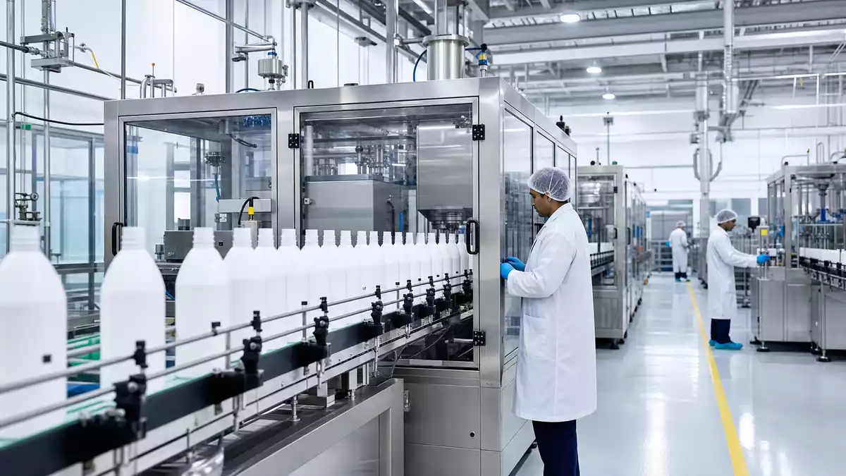 Moderne Produktionslinie für Hygieneartikel mit Mitarbeitern in weißen Schutzanzügen