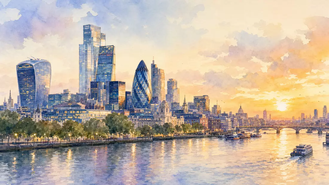 Aquarellmalerei der Londoner Skyline entlang der Themse bei Sonnenuntergang