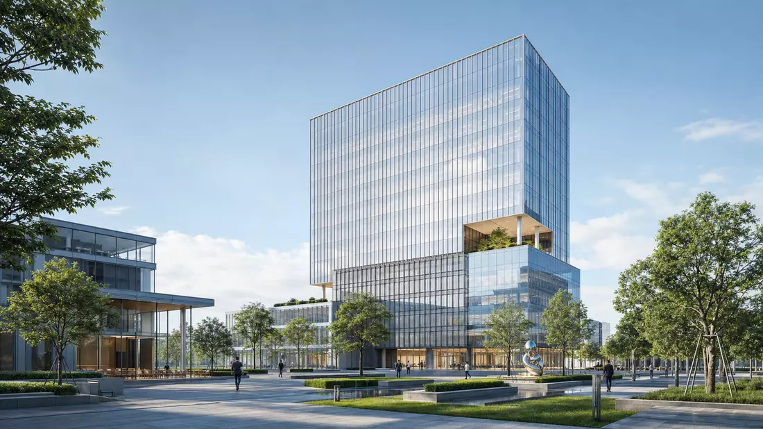 Architekturvisualisierung eines modernen Glas-Bürogebäudes mit begrünter Terrasse