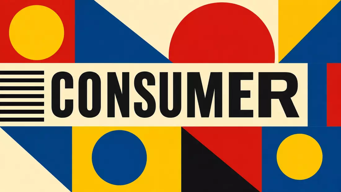 Geometrisches Bauhaus-Poster in Rot, Blau und Gelb mit dem Schriftzug Consumer