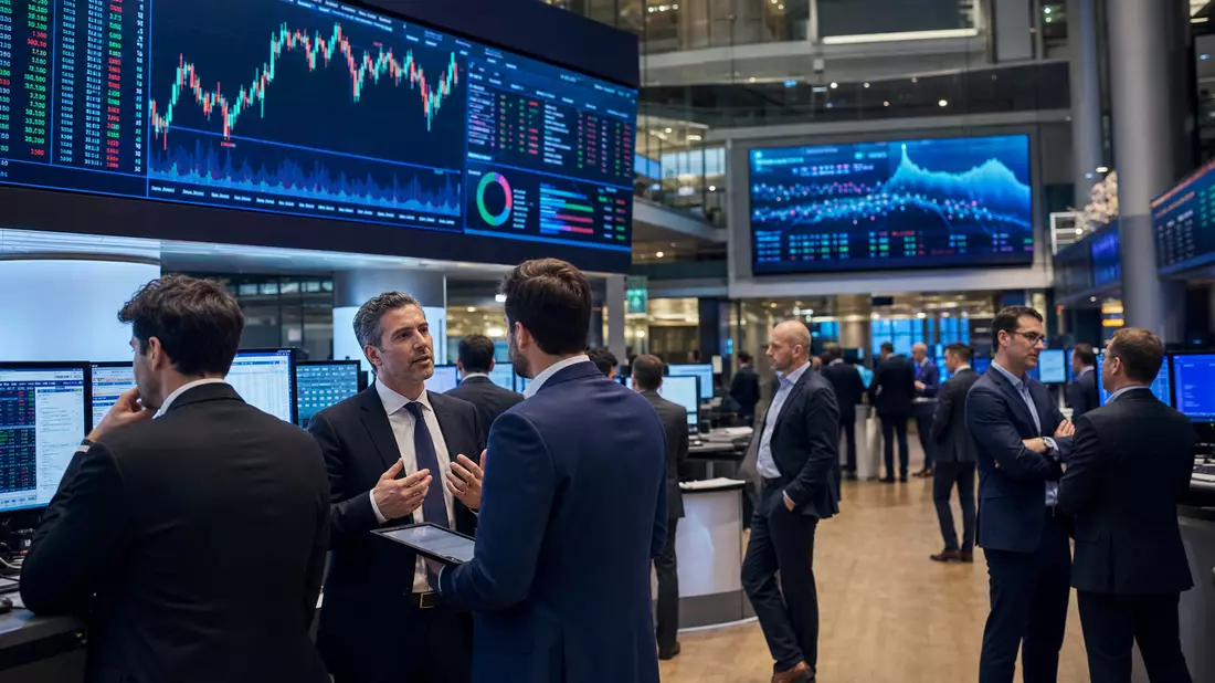 Trading-Floor der Börse mit Händlern in Anzügen vor großen digitalen Kursdiagramm-Bildschirmen