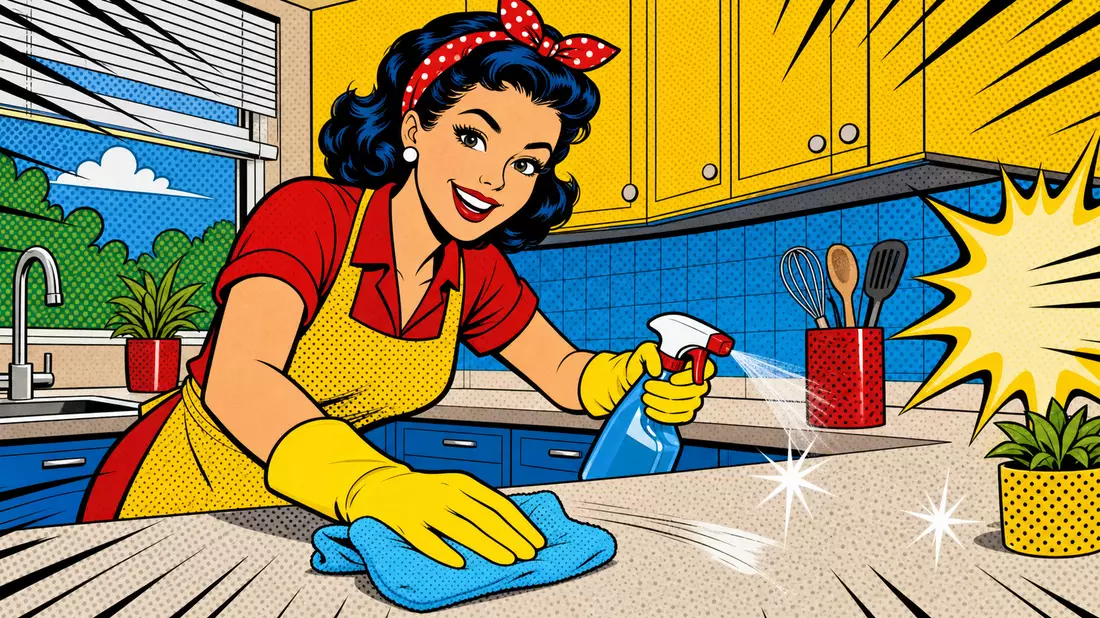 Bunte Pop-Art-Comicszene einer Frau beim Reinigen der Küche mit Sprühflasche