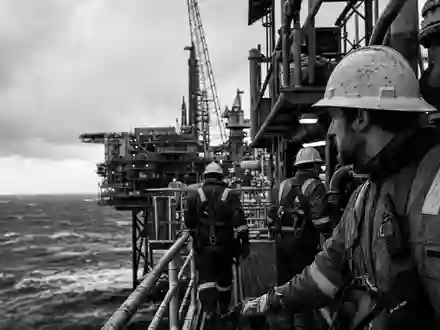 Equinor ASA (NO0010096985) beschäftigt Offshore-Arbeiter, dokumentarisch in Schwarzweiß auf einer rauen Nordsee-Plattform festgehalten - Foto: THN