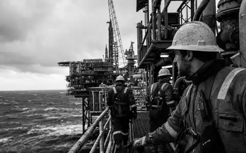 Equinor ASA (NO0010096985) beschäftigt Offshore-Arbeiter, dokumentarisch in Schwarzweiß auf einer rauen Nordsee-Plattform festgehalten - Foto: THN