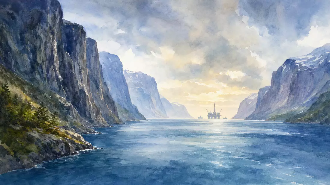 Aquarellmalerei eines norwegischen Fjords mit Klippen und ferner Offshore-Anlage