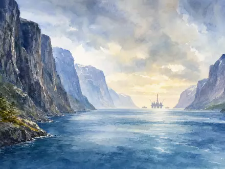 Equinor ASA (NO0010096985) prägt die norwegische Küste, hier als malerischer Fjord in sanfter Aquarell-Optik dargestellt - Foto: THN