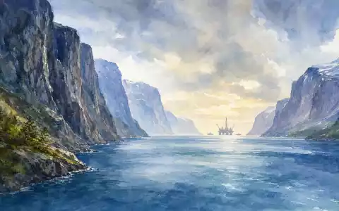Equinor ASA (NO0010096985) prägt die norwegische Küste, hier als malerischer Fjord in sanfter Aquarell-Optik dargestellt - Foto: THN