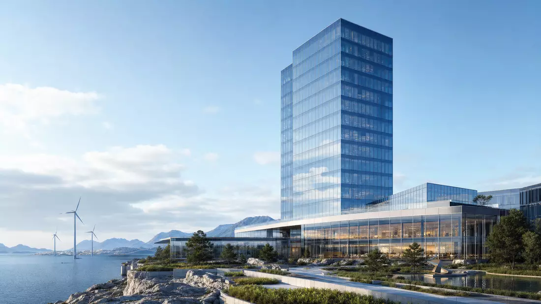 Architektur-Render eines gläsernen Firmensitzes an nordischer Küste mit Windrädern
