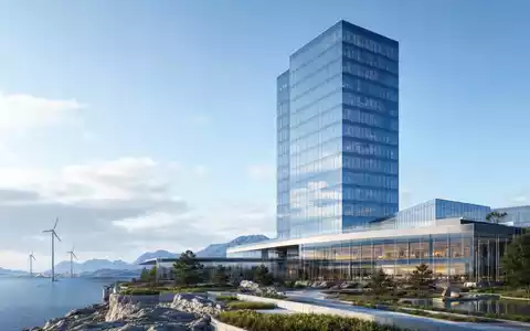 Equinor ASA (NO0010096985) betreibt moderne Bürogebäude, hier als futuristisches Glas-Hochhaus an nordischer Küste gerendert - Foto: THN