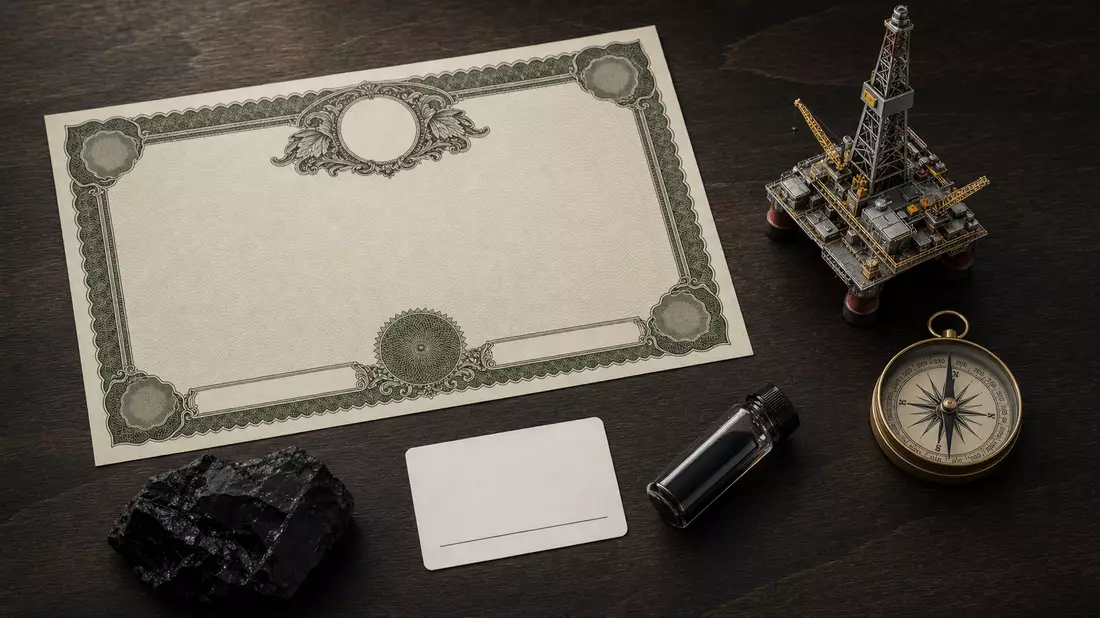Flatlay mit leerem Aktienzertifikat, Bohrturm-Miniatur, Kompass und Rohölprobe im Glas