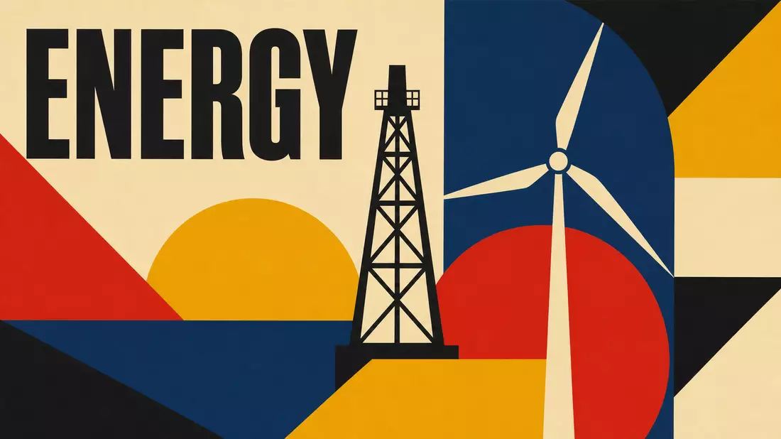 Bauhaus-Poster mit geometrischen Formen, Bohrturm, Windrad und Schriftzug ENERGY