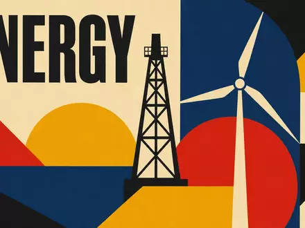 Equinor ASA (NO0010096985) inspiriert dieses geometrische Bauhaus-Poster mit Bohrturm, Windrad und dem Wort ENERGY - Foto: THN