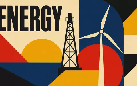 Equinor ASA (NO0010096985) inspiriert dieses geometrische Bauhaus-Poster mit Bohrturm, Windrad und dem Wort ENERGY - Foto: THN