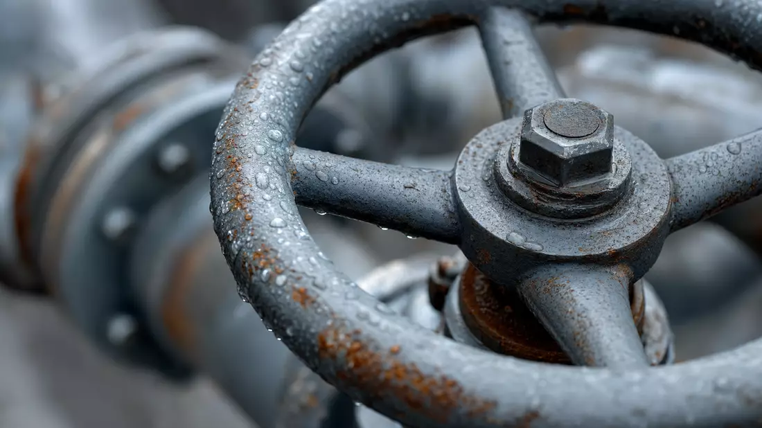 Makroaufnahme eines verrosteten Pipeline-Ventilrads mit Wassertropfen in kühlen Tönen