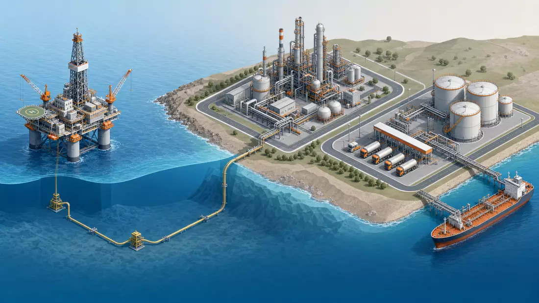 Isometrische 3D-Grafik der Energie-Wertschöpfungskette von Plattform bis Terminal