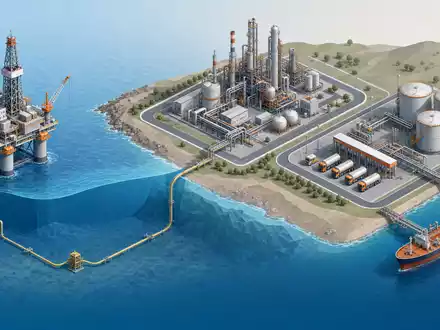Equinor ASA (NO0010096985) veranschaulicht ihre komplette Wertschöpfungskette isometrisch von Bohrplattform bis Verteilterminal an Land - Foto: THN