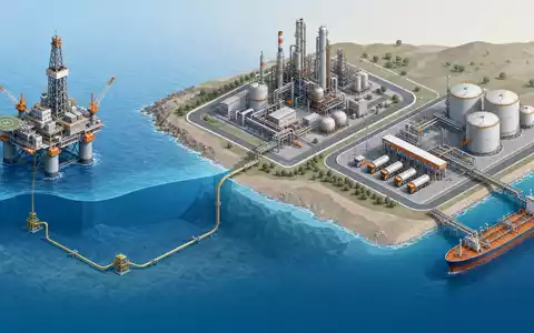 Equinor ASA (NO0010096985) veranschaulicht ihre komplette Wertschöpfungskette isometrisch von Bohrplattform bis Verteilterminal an Land - Foto: THN