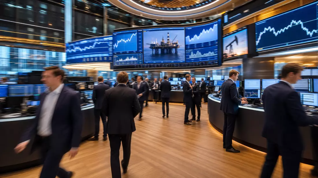 Börsen-Editorial mit Trading-Floor, Händlern und Bildschirmen voller Energiesektor-Charts