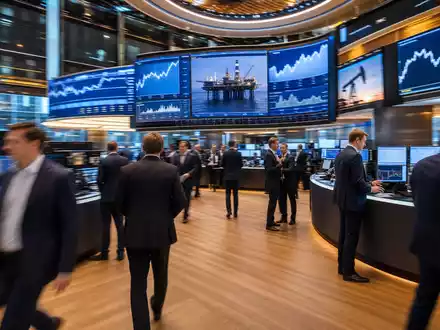 Equinor ASA (NO0010096985) wird an der Börse gehandelt, dargestellt durch geschäftige Trading-Floor-Szene mit Energiecharts - Foto: THN