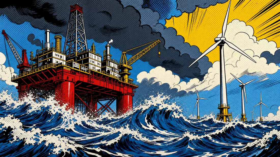 Pop-Art-Comic-Illustration einer Ölplattform und Windturbinen in stürmischer See