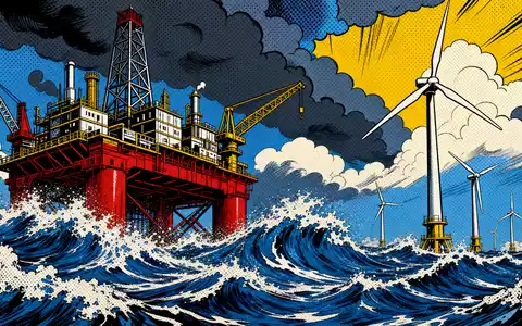 Equinor ASA (NO0010096985) erscheint als farbenfrohe Pop-Art-Comic-Szene mit Ölplattform und Windturbinen im Sturm - Foto: THN