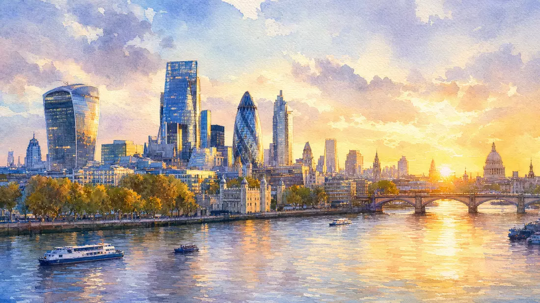 Aquarellmalerei der Londoner Skyline an der Themse, Illustration zu RELX plc Firmensitz