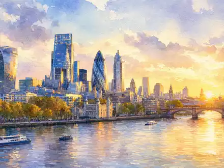 RELX plc (ISIN GB00B2B0DG97) hat Hauptsitz in London, künstlerisch als Aquarell-Skyline an der Themse dargestellt - Foto: THN