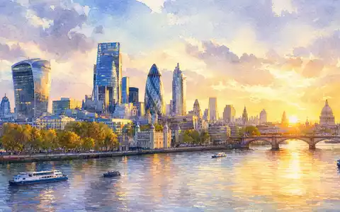 RELX plc (ISIN GB00B2B0DG97) hat Hauptsitz in London, künstlerisch als Aquarell-Skyline an der Themse dargestellt - Foto: THN