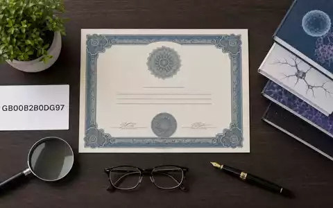 RELX plc (ISIN GB00B2B0DG97) als Investment dargestellt durch Aktienzertifikat, ISIN-Karte und wissenschaftliche Fachbücher im Flatlay - Foto: THN