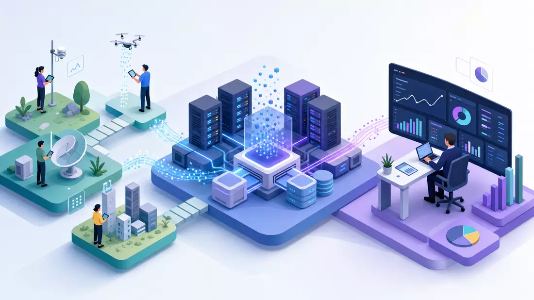 Isometrische 3D-Illustration einer Datenwertschöpfungskette, Symbolbild für RELX plc Analytics