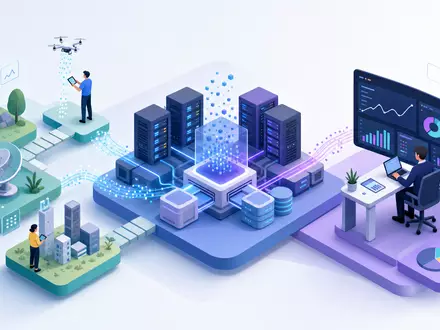 RELX plc (ISIN GB00B2B0DG97) verarbeitet Rohdaten zu Analysen, veranschaulicht durch diese isometrische Wertschöpfungsketten-Illustration - Foto: THN