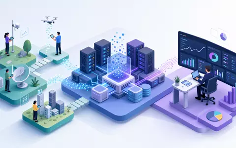 RELX plc (ISIN GB00B2B0DG97) verarbeitet Rohdaten zu Analysen, veranschaulicht durch diese isometrische Wertschöpfungsketten-Illustration - Foto: THN