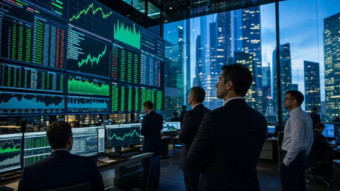 Trading-Floor mit Kursbildschirmen und Skyline bei Nacht, redaktionelles Symbolbild für RELX plc