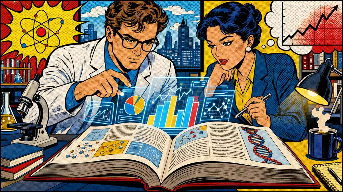 Pop-Art-Comic mit Wissenschaftler und Analystin vor Datencharts, Symbolbild für RELX plc