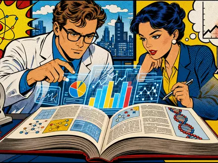 RELX plc (ISIN GB00B2B0DG97) verbindet Wissenschaft und Datenanalyse, verspielt dargestellt in dieser bunten Pop-Art-Comic-Illustration - Foto: THN