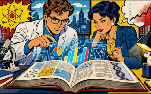RELX plc (ISIN GB00B2B0DG97) verbindet Wissenschaft und Datenanalyse, verspielt dargestellt in dieser bunten Pop-Art-Comic-Illustration - Foto: THN