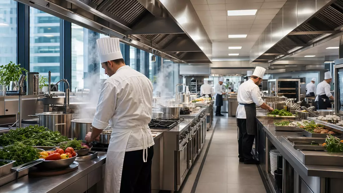 Moderne Großküche mit Köchen bei der Essenszubereitung in Firmenkantine