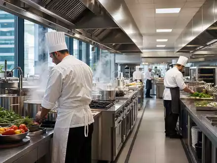 Compass Group PLC (GB00BD6K4575) betreibt Großküchen für Betriebsverpflegung, hier realistisch als moderne Kantine dargestellt heute - Foto: THN