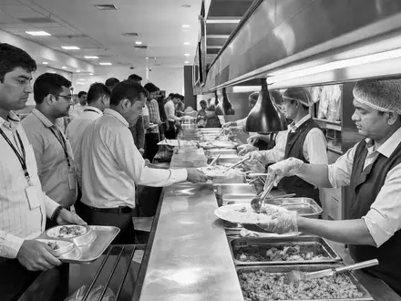 Compass Group PLC (GB00BD6K4575) prägt weltweit Betriebsgastronomie, gezeigt als dokumentarische Schwarzweiß-Reportage einer belebten Kantine - Foto: THN