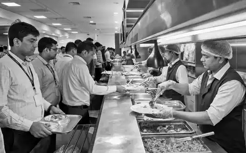 Compass Group PLC (GB00BD6K4575) prägt weltweit Betriebsgastronomie, gezeigt als dokumentarische Schwarzweiß-Reportage einer belebten Kantine - Foto: THN