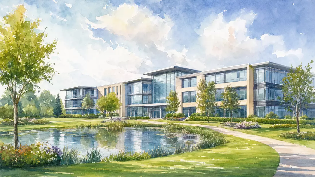 Aquarellmalerei eines modernen Bürogebäudes mit Teich und Grünanlage