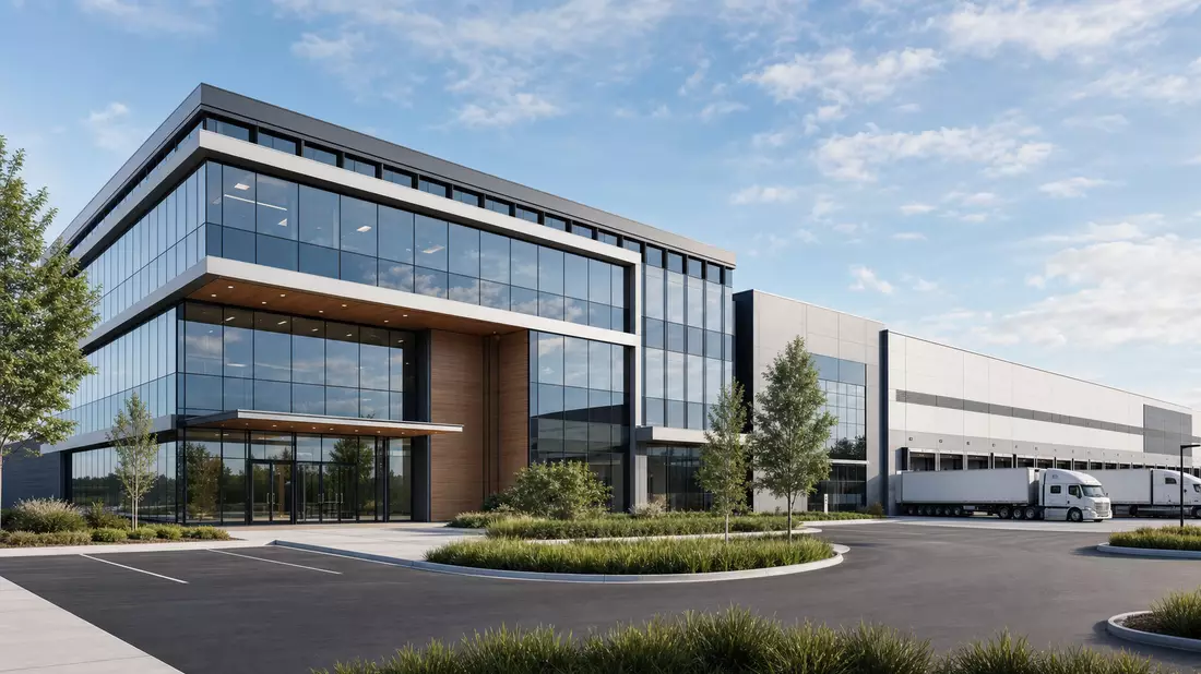 Architekturrender eines Bürogebäudes mit angeschlossener Logistikanlage