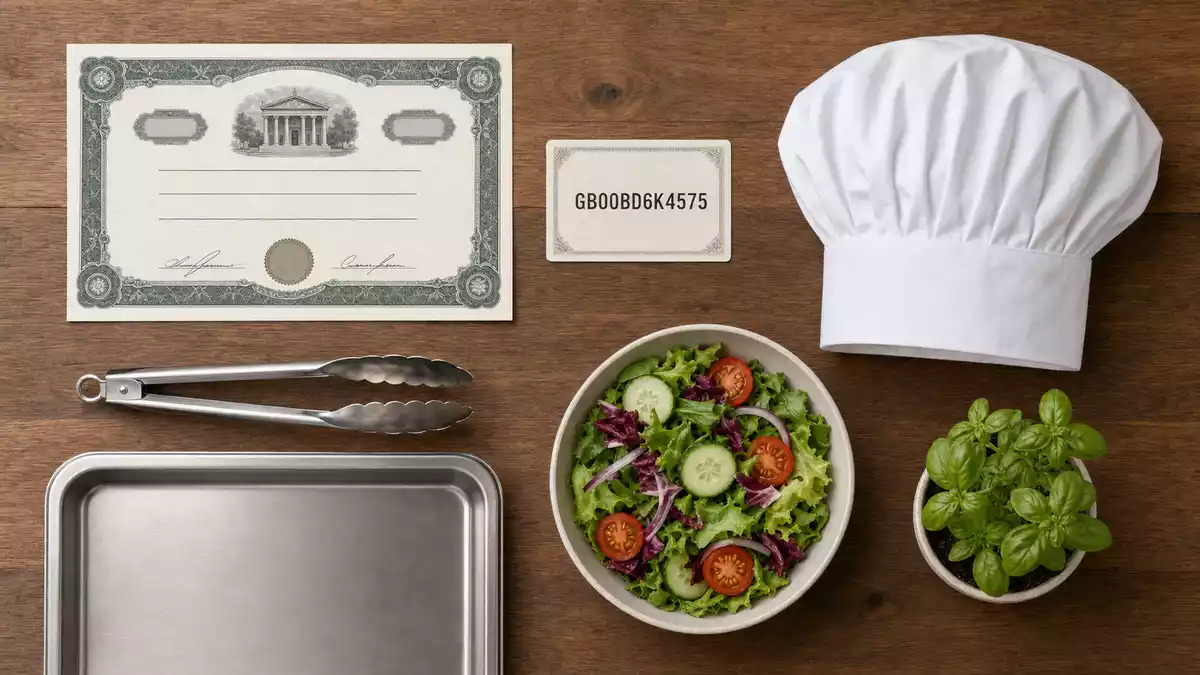 Flatlay mit Aktienzertifikat, ISIN-Karte, Kochmütze und Küchenutensilien auf Holztisch