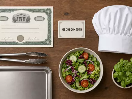Compass Group PLC (GB00BD6K4575) steht für Catering-Dienstleistungen, symbolisiert durch Flatlay mit Aktienzertifikat und Kochutensilien - Foto: THN