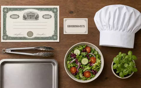 Compass Group PLC (GB00BD6K4575) steht für Catering-Dienstleistungen, symbolisiert durch Flatlay mit Aktienzertifikat und Kochutensilien - Foto: THN