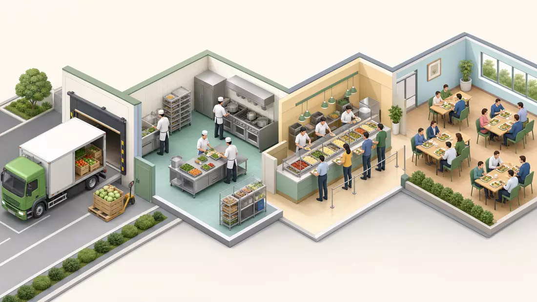 Isometrische 3D-Illustration einer Lieferkette von Anlieferung bis Kantine