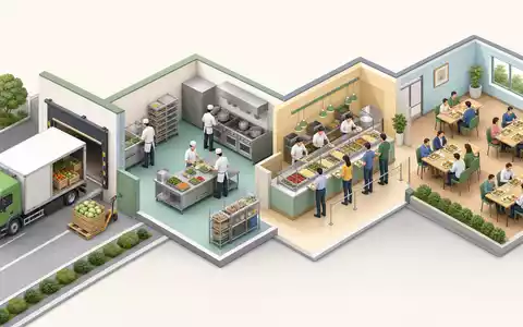 Compass Group PLC (GB00BD6K4575) organisiert komplexe Lieferketten, isometrisch dargestellt von Anlieferung bis zur fertigen Mahlzeit - Foto: THN