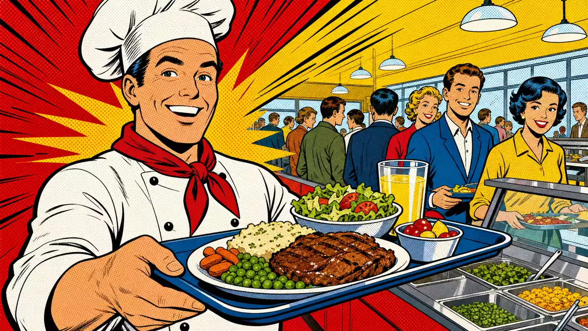 Pop-Art-Comic-Illustration eines fröhlichen Kochs mit Essenstablett in Kantine