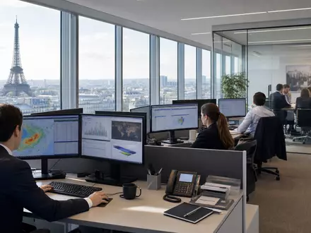 SCOR SE FR0010411983 zeigt fotorealistisches modernes Rückversicherungs-Büro mit Analysten vor Risikomodell-Bildschirmen in Paris - Foto: THN