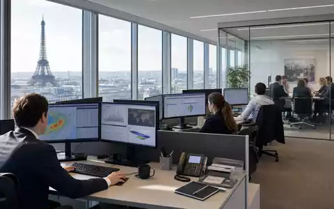 SCOR SE FR0010411983 zeigt fotorealistisches modernes Rückversicherungs-Büro mit Analysten vor Risikomodell-Bildschirmen in Paris - Foto: THN